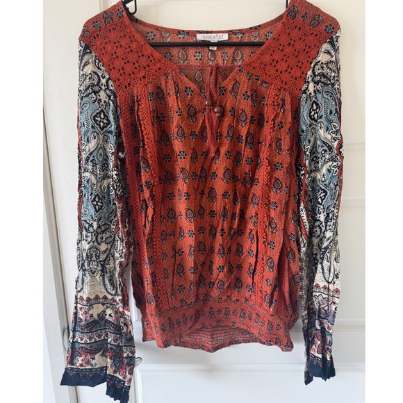 Anthropologie sz S Womens Patrons of Peace Crochet Tassle Flare Sleeve Top Boho - Picture 2 of 11